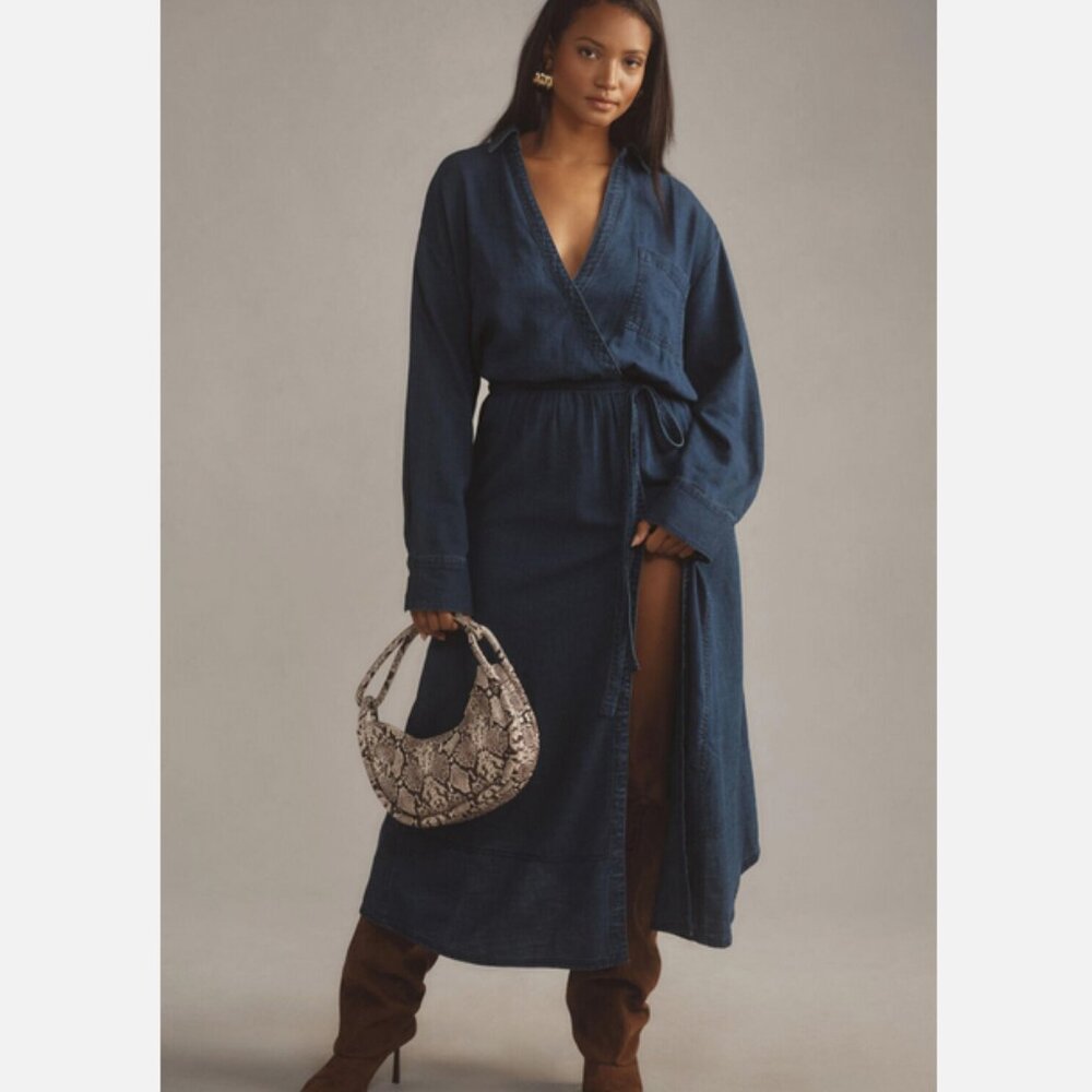 Anthropologie Pilcro XLP V-Neck Wrap Midi Dress Denim Dark Blue Size XL P NWT